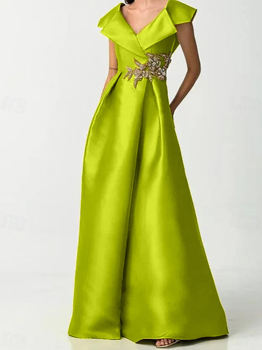 A-Line Short Sleeve Length V Neck Satin Rhinestone Mother of the Bride Dresses