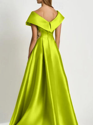 A-Line Evening Dress Short Sleeve Floor Length V Neck Satin Dress With Pocket Embroidery Mother of the Bride Dresses