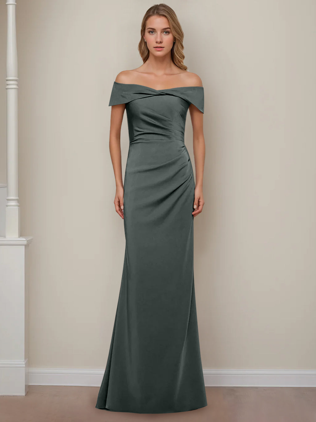 Trumpet/Mermaid Off-the-Shoulder Short Sleeves Floor-Length Mother of The Bride Dresses With Ruffles