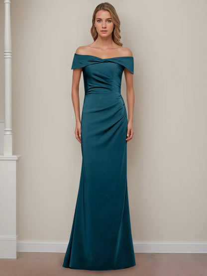 Trumpet/Mermaid Off-the-Shoulder Short Sleeves Floor-Length Mother of The Bride Dresses With Ruffles