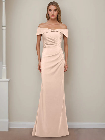 Trumpet/Mermaid Off-the-Shoulder Short Sleeves Floor-Length Mother of The Bride Dresses With Ruffles
