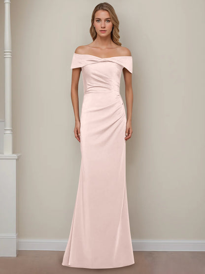 Trumpet/Mermaid Off-the-Shoulder Short Sleeves Floor-Length Mother of The Bride Dresses With Ruffles