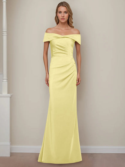 Trumpet/Mermaid Off-the-Shoulder Short Sleeves Floor-Length Mother of The Bride Dresses With Ruffles