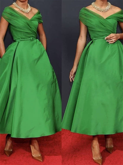 A-Line Cocktail Dress Sleeveless Off Shoulder Ankle Length Ruched Mother of the Bride Dresses