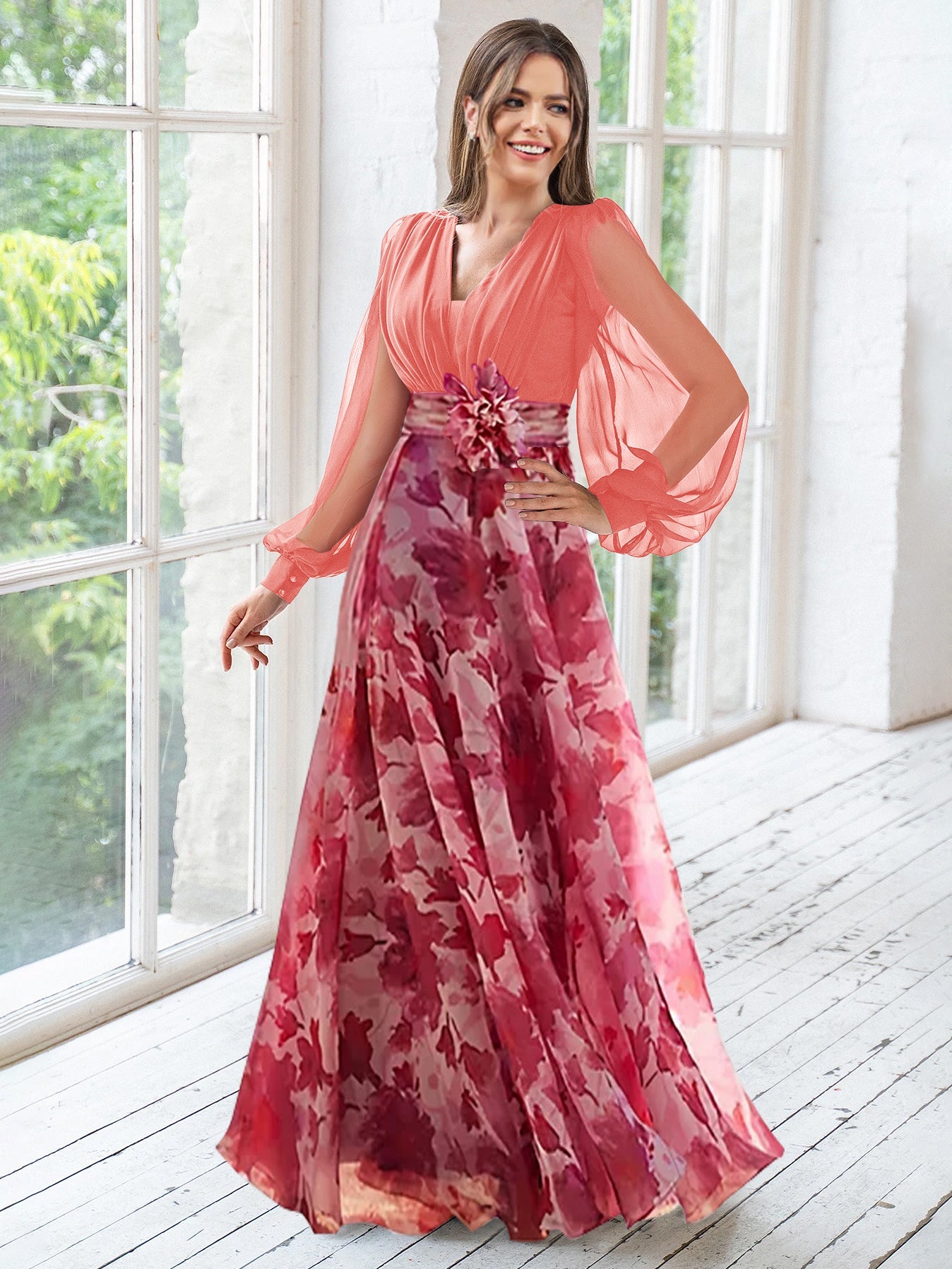 watermelon floral mother of the bride dress