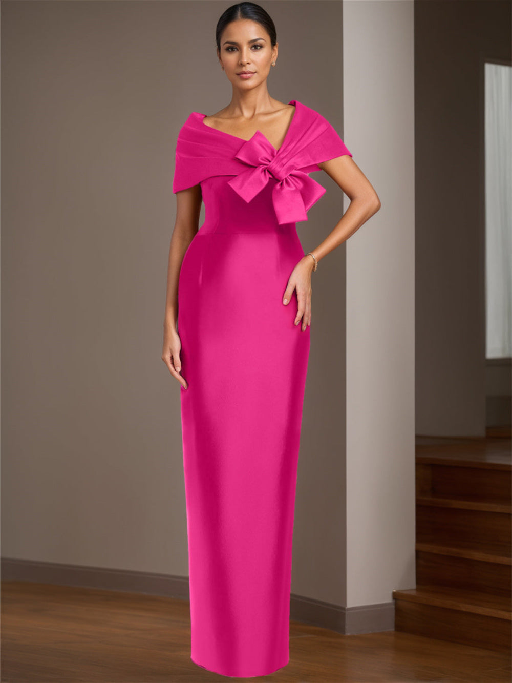 Sheath/Column Satin Evening Dresses Floor-Length Sleeveless Asymmetrical Bow(s) Mother of the Bride Dresses