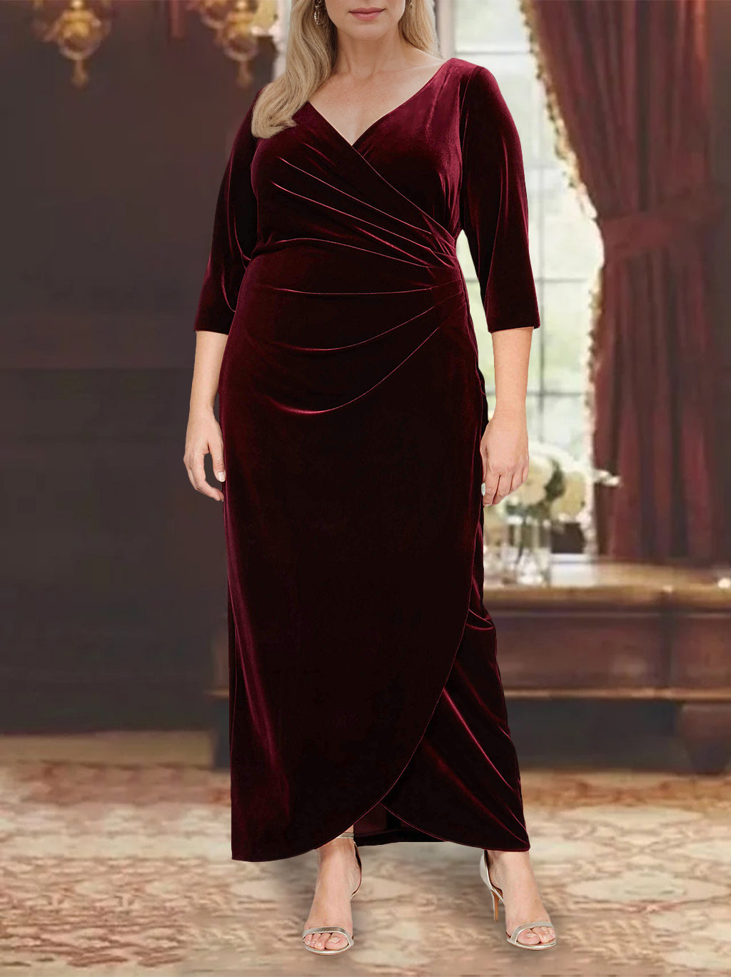 Sheath/Column V-Neck 3/4 Length Sleeves Asymmetrical Mother of the Bride Dresses with Ruffles