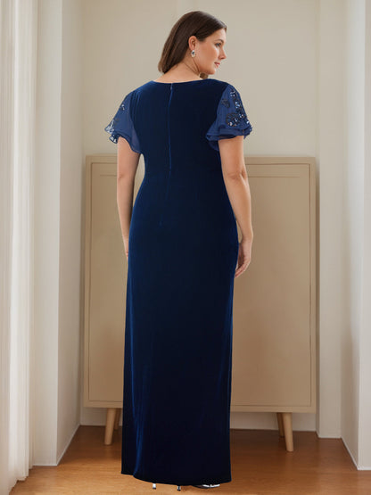 Sheath/Column V-Neck Short Sleeves Floor-Length Velvet Mother of the Bride Dresses with Ruffles & Appliques