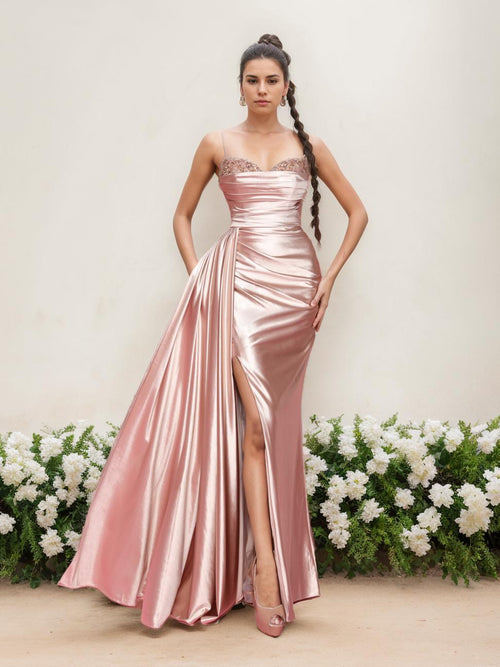 Sheath/Column Prom Dress Spaghetti Straps Sleeveless Formal Floor-Length Evening Dresses with Split Side