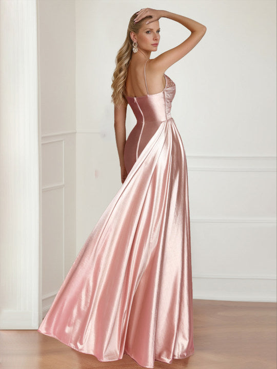 Sheath/Column Prom Dress Spaghetti Straps Sleeveless Formal Floor-Length Evening Dresses with Split Side