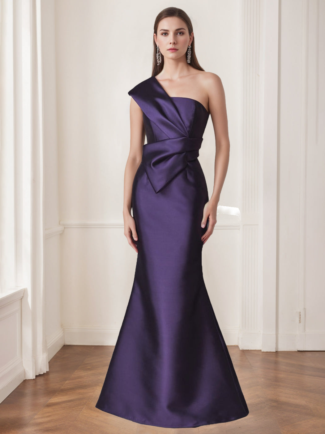 Trumpet/Mermaid Evening Dress One-Shoulder Satin Dress With Bow Sleeveless Floor-Length Mother of the Bride Dresses
