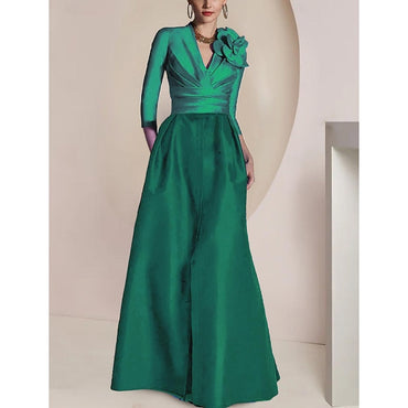 A Line/Princess V-Neck 3/4 Sleeves Floor-Length Mother of the Bride Dresses with Ruched, Draping, Split Front, Flower & Ruching