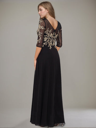 A-Line/Princess Jewel Neck Half Sleeves Floor Length Mother of the Bride Groom Dresses With Lace Ruffle