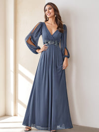 A-Line/Princess Bridemaid Dresses V-Neck Floor Length Long Lantern Sleeves Dresses Elegant Mother of the Bride Dresses With Embroidery