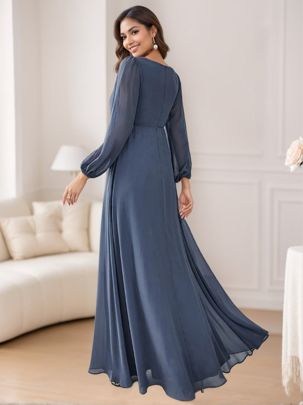 A-Line/Princess Bridemaid Dresses V-Neck Floor Length Long Lantern Sleeves Dresses Elegant Mother of the Bride Dresses With Embroidery