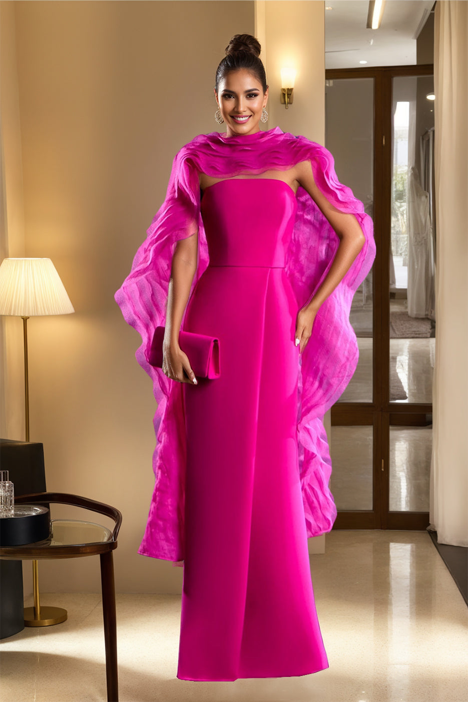 Sheath/Column Evening Dress Strapless Sleeveless Floor-Length Unique Mother of the Bride Dresses with Wraps & Ruffles