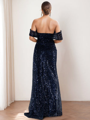 Sheath/Column Evening Dress Off-the-shoulder Sequined Mother of the Bride & Groom Dresses with Split Front