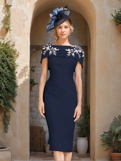 Sheath/Column Off-the-Shoulder Short Sleeves Tea-Length Mother of the Bride Dresses with Appliques, Embroidery, Bowknot & Pearls