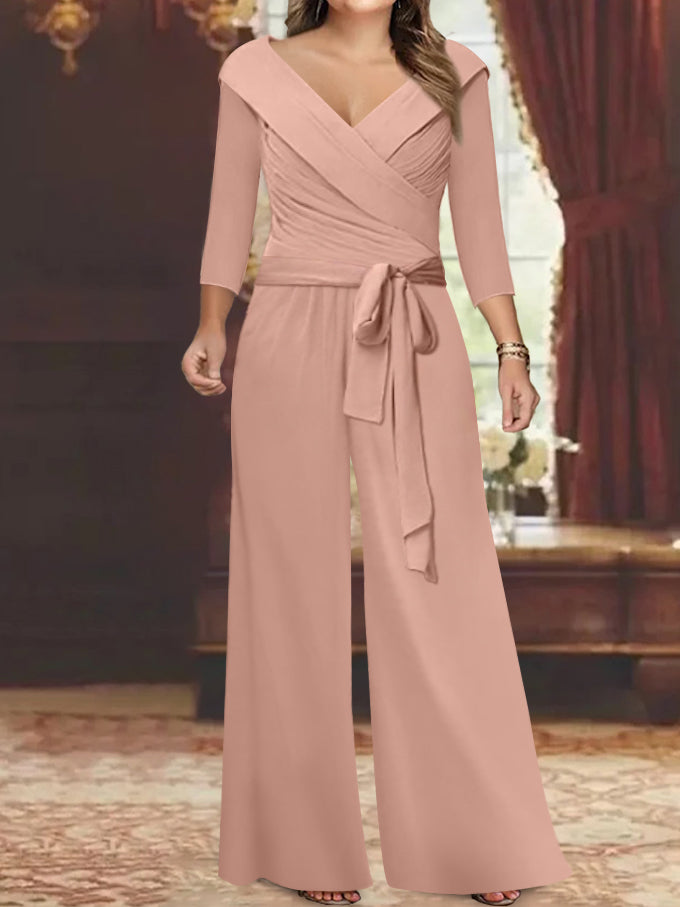 Ruched Chiffon V-Neck 3/4 Sleeves Mother of the Jumpsuit