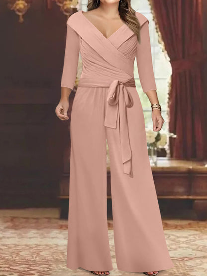 Ruched Chiffon V-Neck 3/4 Sleeves Mother of the Jumpsuit