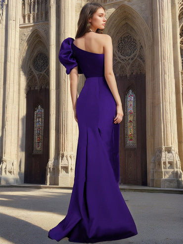 Elegant Trumpet/Mermaid One-Shoulder Asymmetrical Satin Mother of the Bride & Groom Dresses with Bow