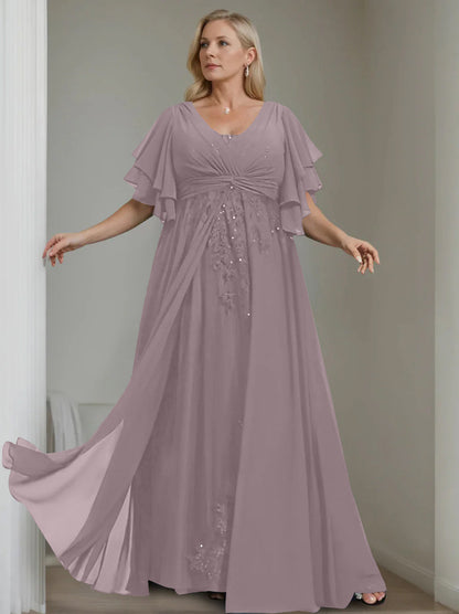 A-Line/Princess V-Neck Half Sleeves Floor-Length Unique Plus Size Mother of the Bride Dresses with Sequins & Ruffles