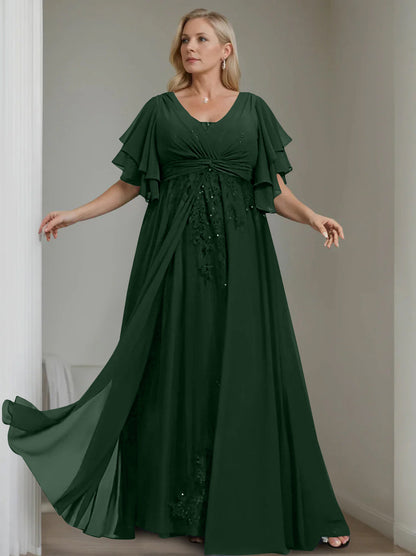 A-Line/Princess V-Neck Half Sleeves Floor-Length Unique Plus Size Mother of the Bride Dresses with Sequins & Ruffles