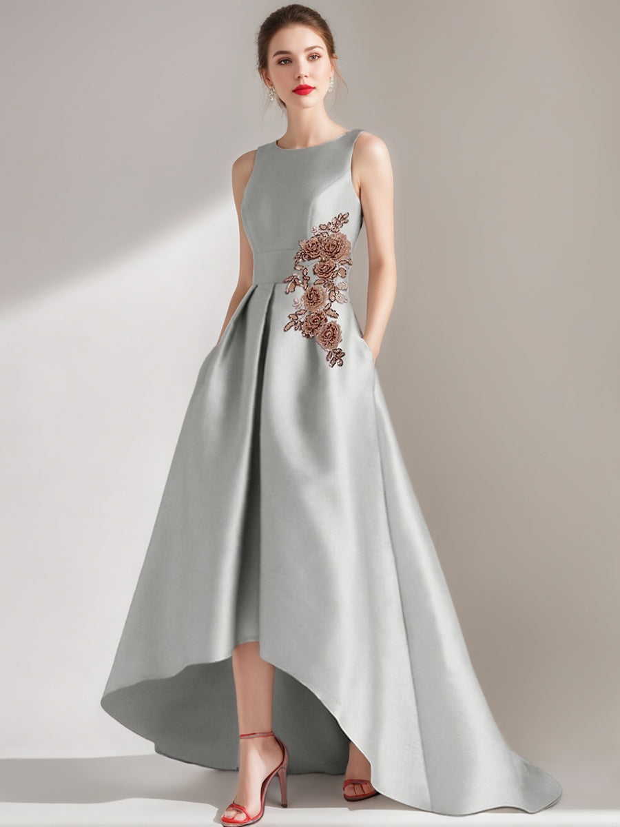 A-Line/Princess Cocktail Dress Scoop Sleeveless Asymmetrical Mother of the Bride & Groom Dresses with Appliques & Pocket