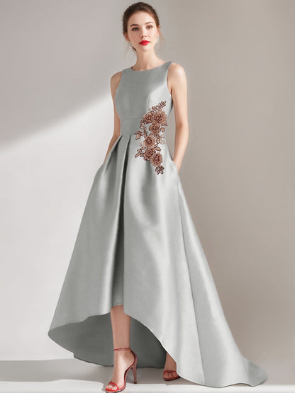 A-Line/Princess Cocktail Dress Scoop Sleeveless Asymmetrical Mother of the Bride & Groom Dresses with Appliques & Pocket