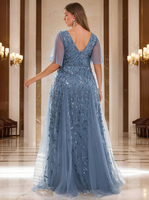 A-Line/Princess V-Neck Short Sleeves Floor-Length Plus Size Mother Of The Bride Dresses with Sequins