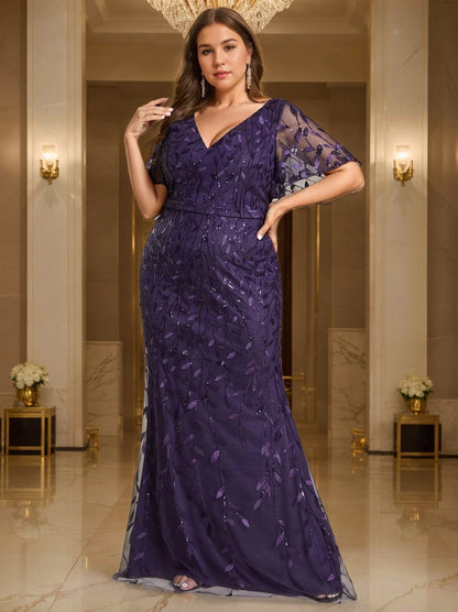 Trumpet/Mermaid V-Neck Short Sleeves Floor-Length Plus Size Mother Of The Bride Dresses with Sequins