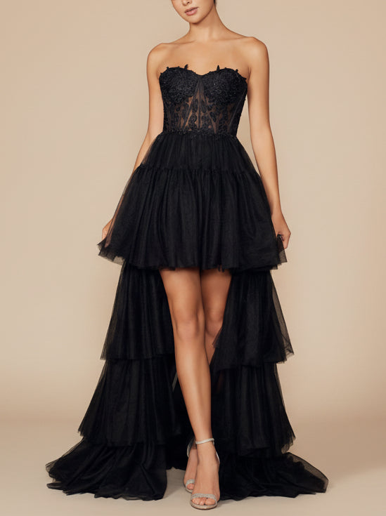 A-Line/Princess Prom Dresses Strapsless Floor-length High Low Dress Tiered Formal Corset Gown With Applique