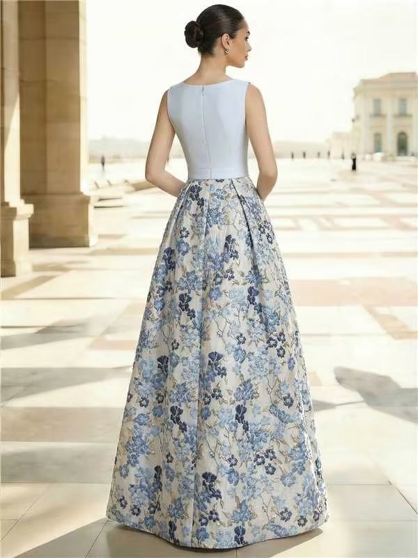 A Line/Princess  Elegant Evening Gown Jacquard Floral Dress Floor Length Sleeveless V-Neck Wedding Guest Dress
