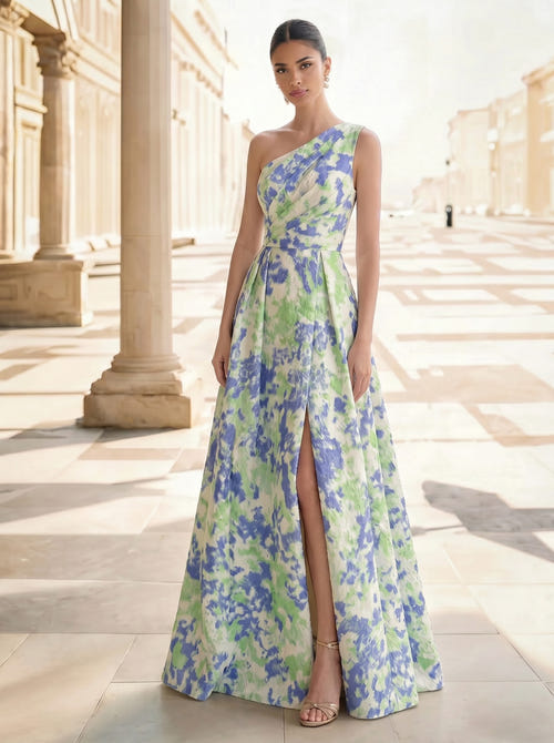 A-Line Evening Gown Elegant Jacquard Floral Dress Prom Floor Length Sleeveless One Shoulder with Slit Pocket Sage Wedding Guest Dress