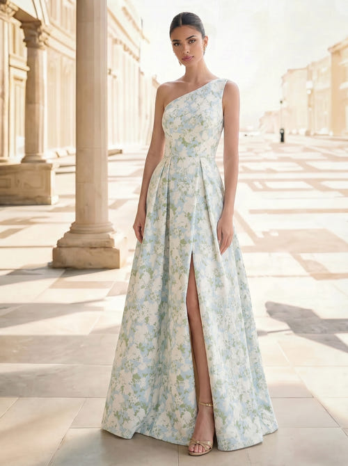 A-Line Evening Gown Elegant Jacquard Floral Dress Prom Floor Length Sleeveless One Shoulder with Slit Pocket Sage Wedding Guest Dress
