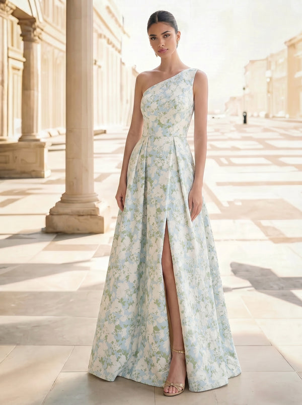 A-Line Evening Gown Elegant Jacquard Floral Dress Prom Floor Length Sleeveless One Shoulder with Slit Pocket Sage Wedding Guest Dress