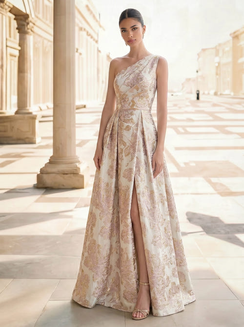 A-Line Evening Gown Elegant Jacquard Floral Dress Prom Floor Length Sleeveless One Shoulder with Slit Pocket Sage Wedding Guest Dress