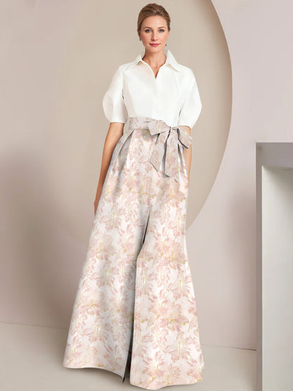 A-Line/Princess Mother Of The Bride Dresses Floral Formal Shirt Collar Short Sleeves Floor-Length 2 pieces  with Bowknot Pocket