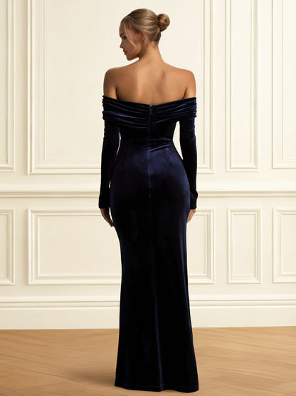 Mermaid Velvet Evening Gown Floor Length Off The Shoulder Long Sleeves With Back Zipper Ruched With High Split