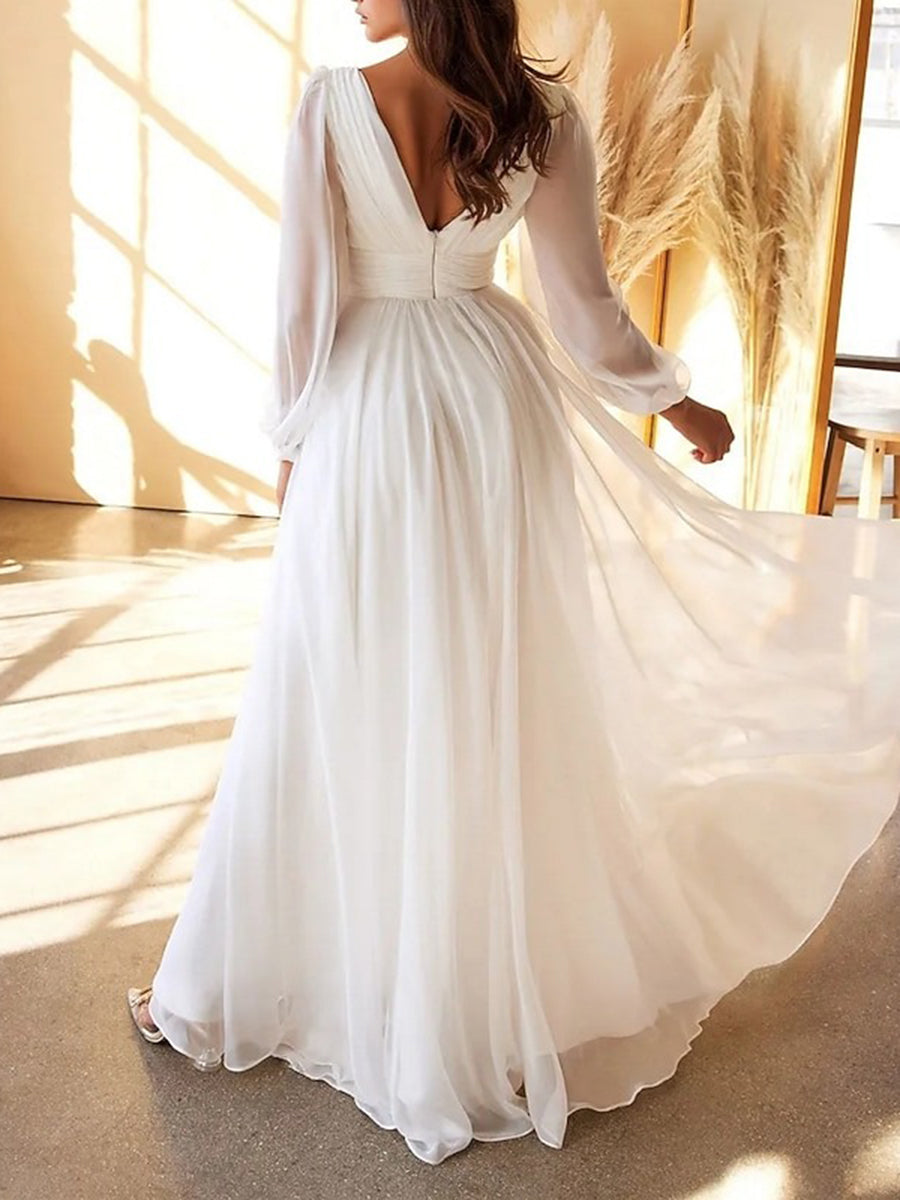A-Line/Princess Little White Dresses Chiffon Formal/Wedding Dresses V-Neck Long Sleeves Floor-Length Daily Dresses With Pleats&Front Split