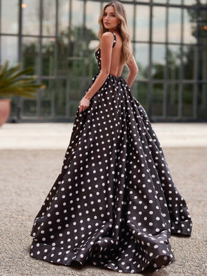 A-Line/Princess Satin Square Neck Sleeveless Floor-Length Backless Prom Dresses With Polka Dots