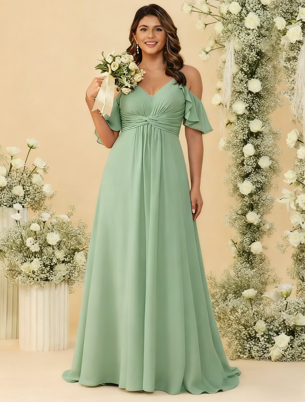 A Line/Princess Off-the-Shoulder Floor-Length Bridesmaid Dresses with Ruched Side Split