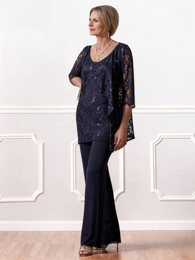 Chiffon Mother of the Bride Pantsuits 3 Pieces Scoop Neck Floor-Length With Jacket&Appliques Lace