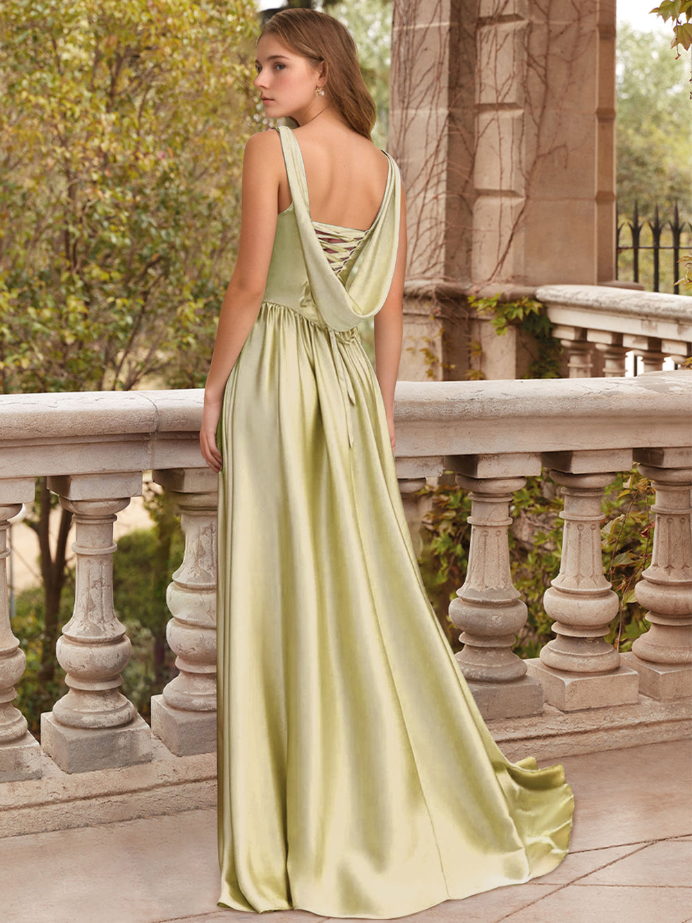 A-Line/Princess Prom Dresses Satin Scoop Neck Sleeveless Floor-Length With Side Split&Back Zipper