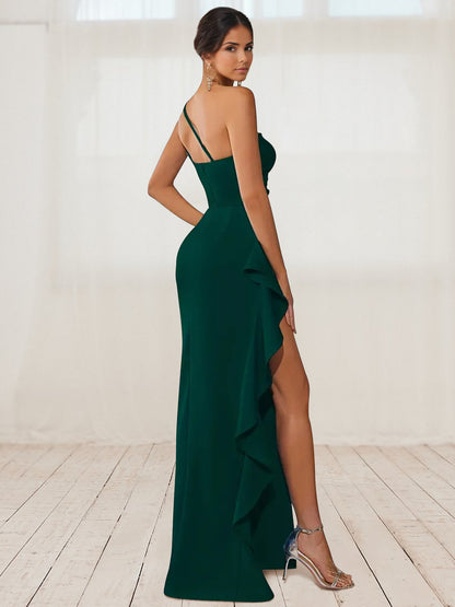 Sheath/Column Stain One-Shoulder Sleeveless Floor-Length Prom Dresses With High Side Slit &Ruffle