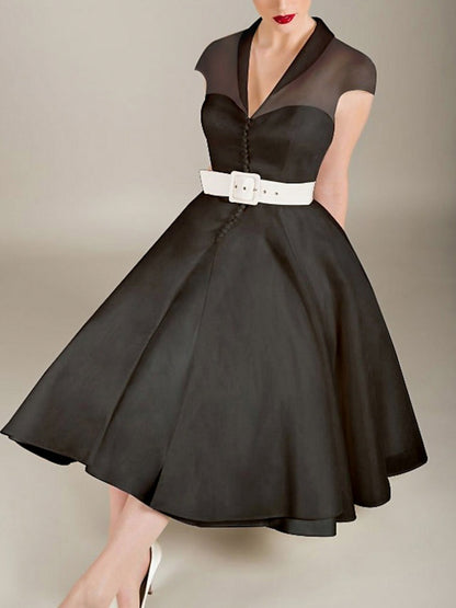 A-Line/Princess Little White Dress Tulle Formal/Wedding Dresses Sweetheart&V-Neck Short Sleeves Tea-Length Cocktail Dresses With Sash / Ribbon