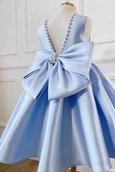 A-Line/Princess Little Girl Dresses Scoop Neckline Knee Length Pearl-Embellished Collar  Elegant Satin Girl Dress with Bowknot