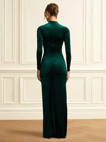 Mermaid Velvet Evening Gown Party Floor Length High Neck Long Sleeves With Side Slit