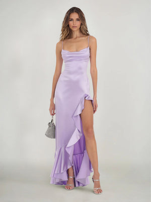 Sheath/Column Wedding Guest Dress Spaghetti Straps Sleeveless Ankle Length With Side Split Ruffle Prom