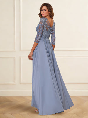 A-Line Mother of the Bride Dresses Chiffon Appliques Elegant Dress Scoop Neck Half Sleeves Floor-Length With Lace Ruched